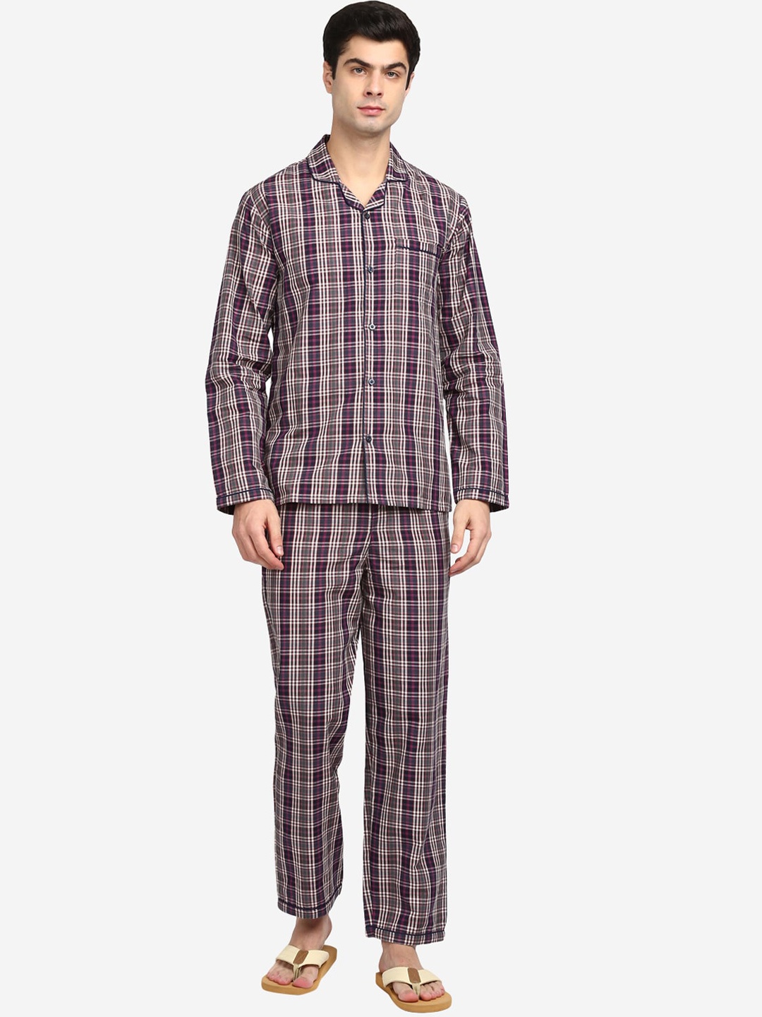 

shopbloom Men Brown & White Pure Cotton Checked Night suit