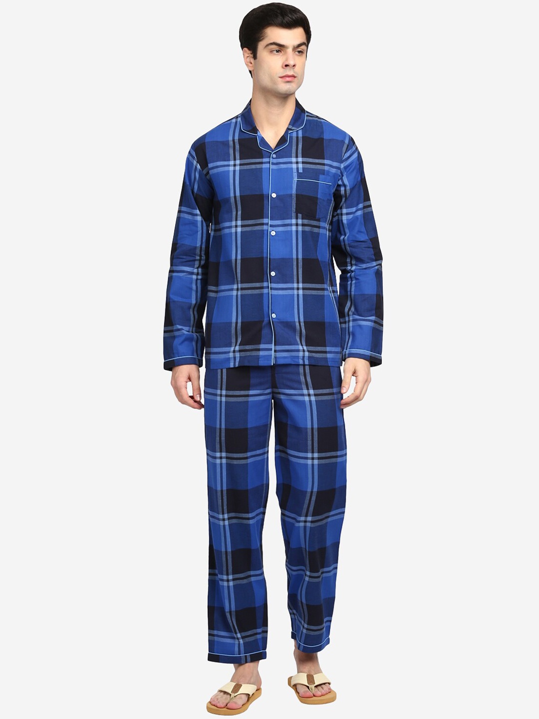 

shopbloom Men Blue & Black Checked Pure Cotton Night suit