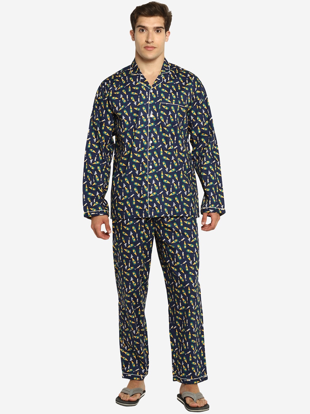 

shopbloom Men Navy Blue & Yellow Pure Cotton Printed Night suit