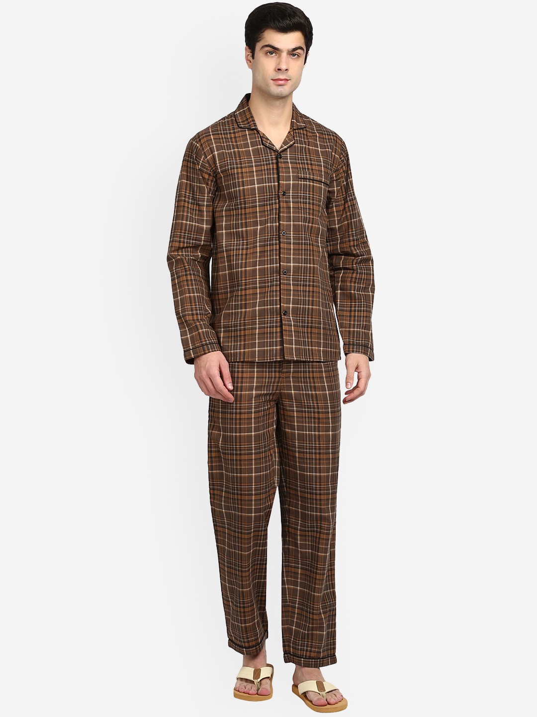 

shopbloom Men Brown Checked Pure Cotton Night suit