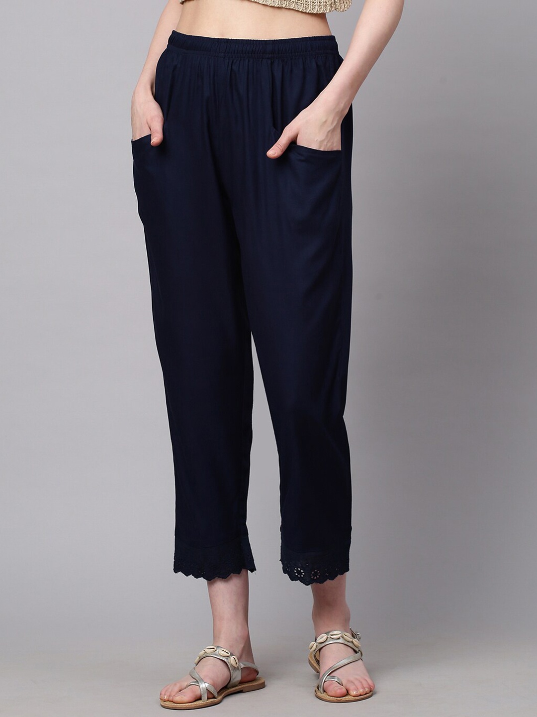 

Chemistry Women Navy Blue Solid Trousers With Lace Detail