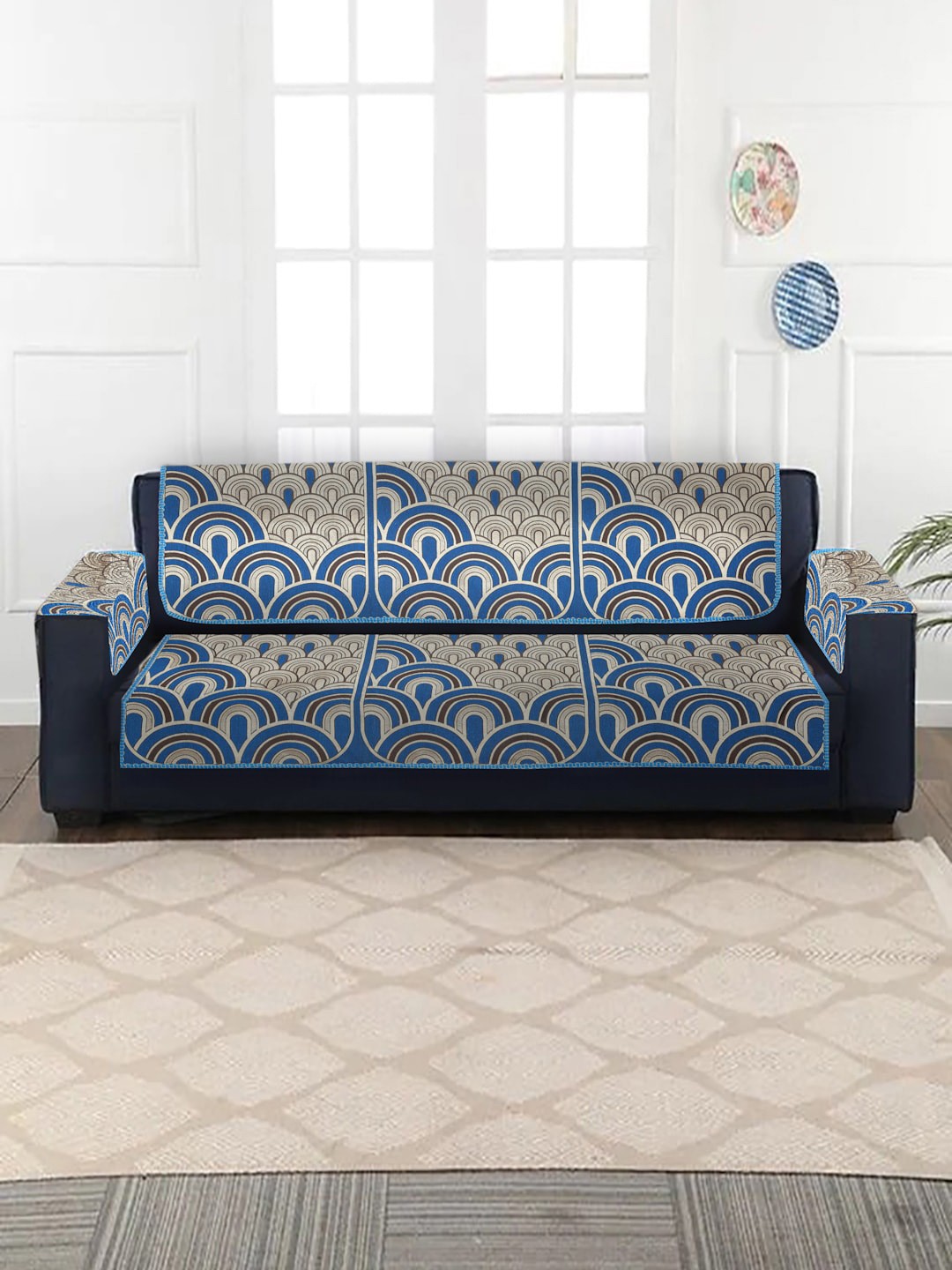 

MULTITEX Set Of 16 Blue & Beige Printed Sofa Covers Jacquard Sofa Covers