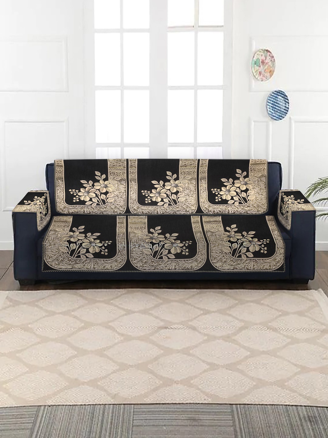 

MULTITEX Set of 16 Black & Beige Jacquard Velvet 5 Seater Sofa Cover with Arm Rest