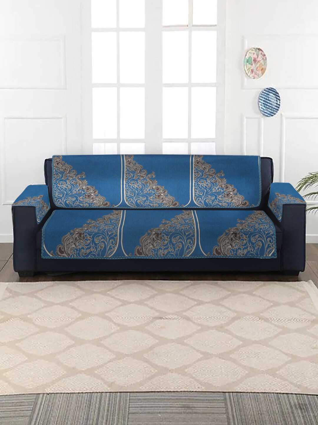 

MULTITEX Set of 16 Blue Jacquard 5 Seater Sofa Covers with Arm Covers