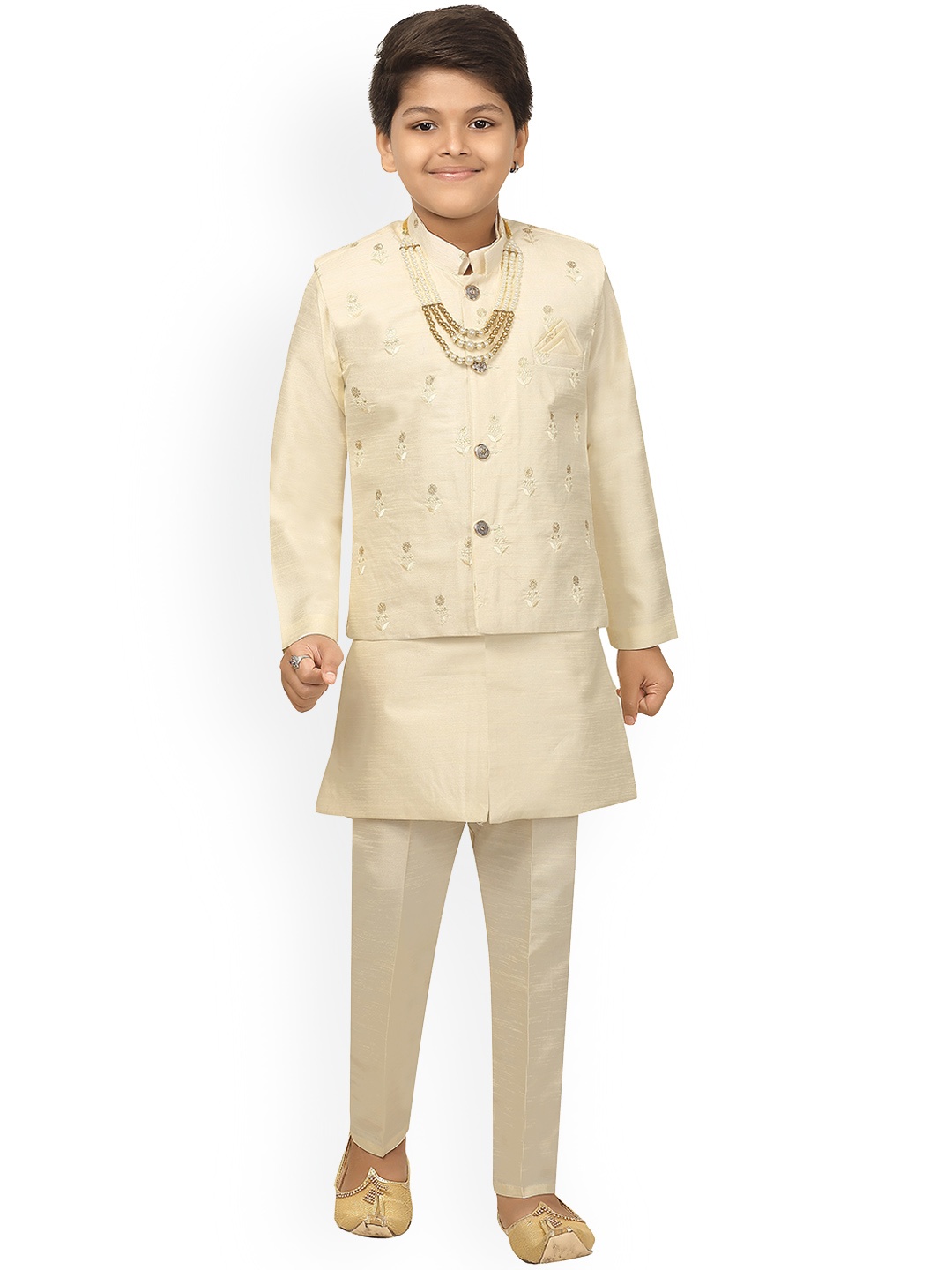 

ahhaaaa Boys Cream-Colored Solid Sherwani Set