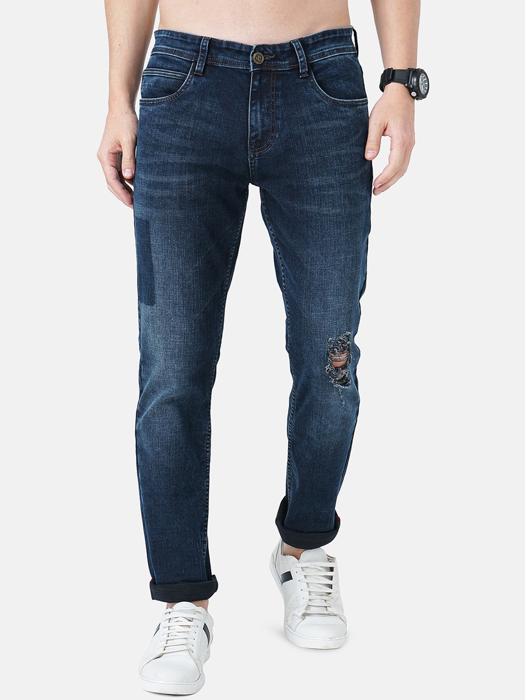 

Jean Cafe Men Blue Jean Slim Fit Mildly Distressed Heavy Fade Jeans 98% cotton