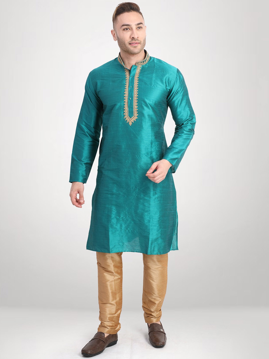 

RG DESIGNERS Men Blue Dupion Silk Kurta with Pyjamas & With Dupatta