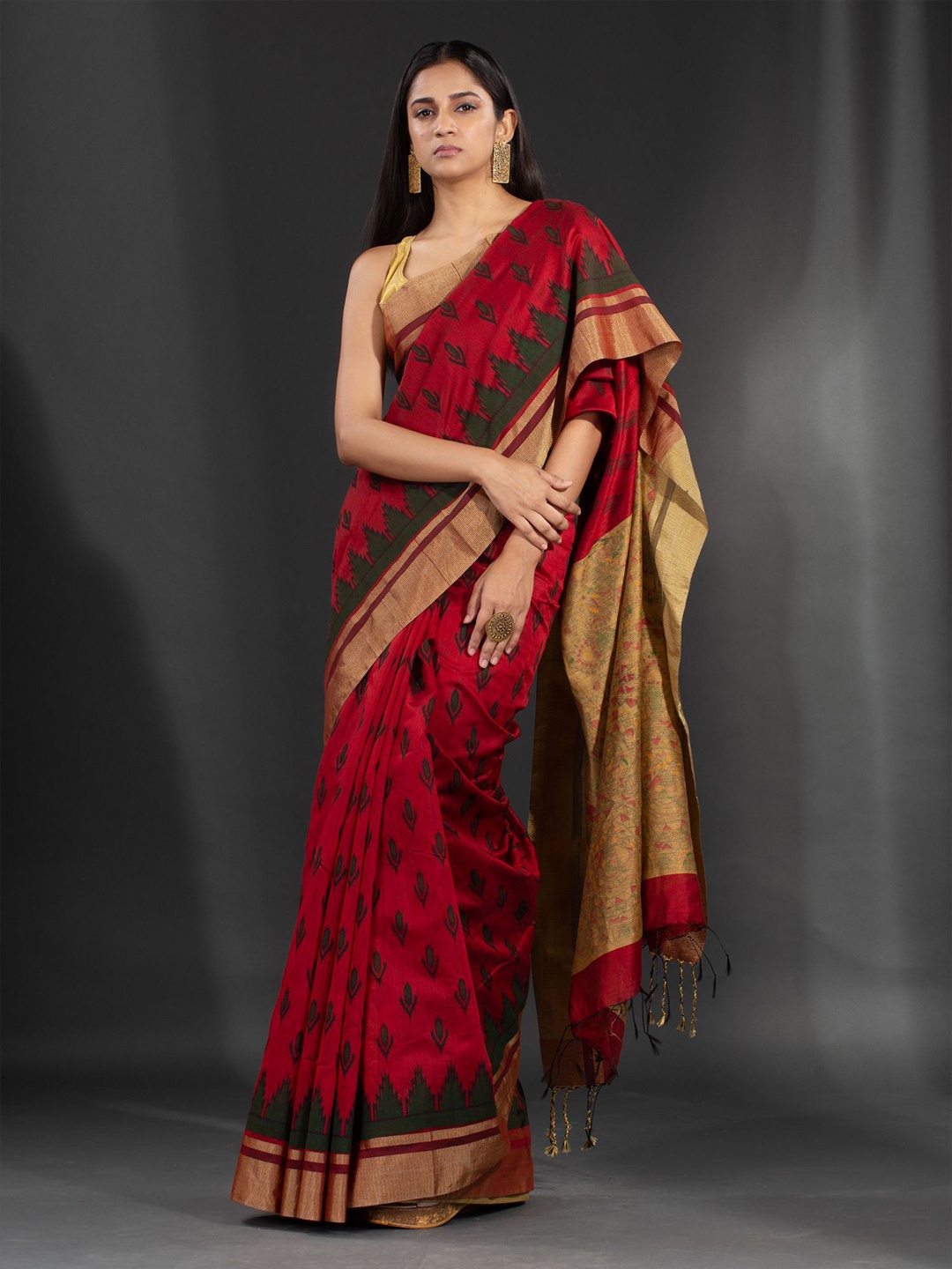

Charukriti Red & Beige Ethnic Motifs Zari Saree