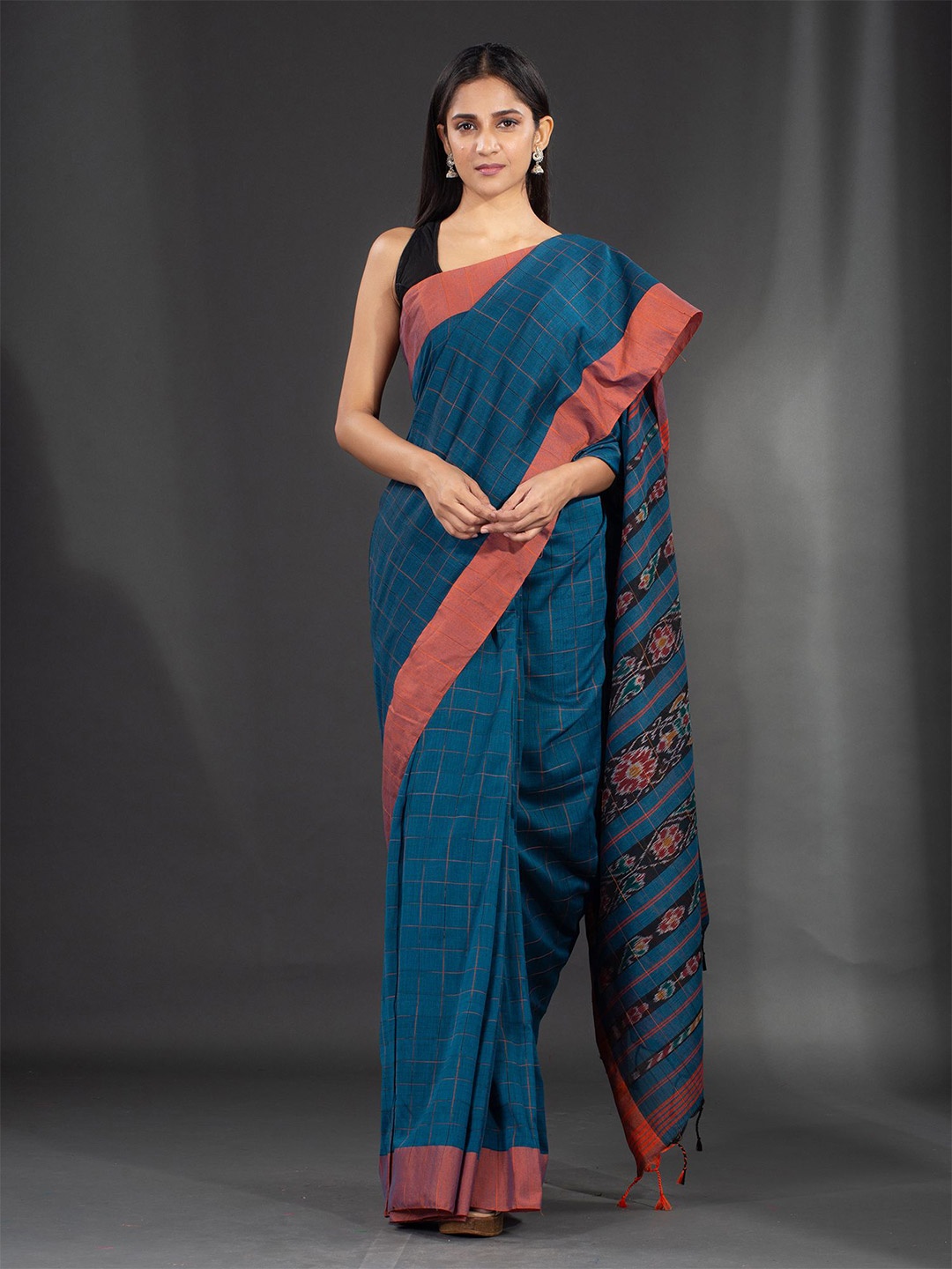 

Charukriti Teal Blue & Rust Brown Checked Pure Cotton Saree