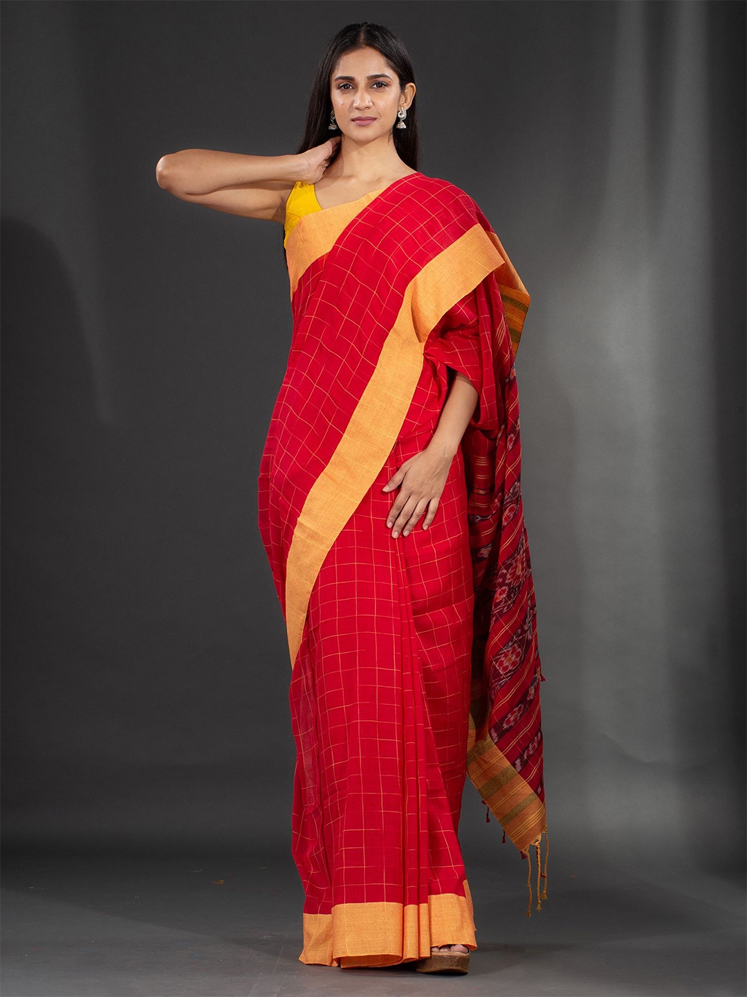 

Charukriti Red & Gold-Toned Woven Design Pure Cotton Saree