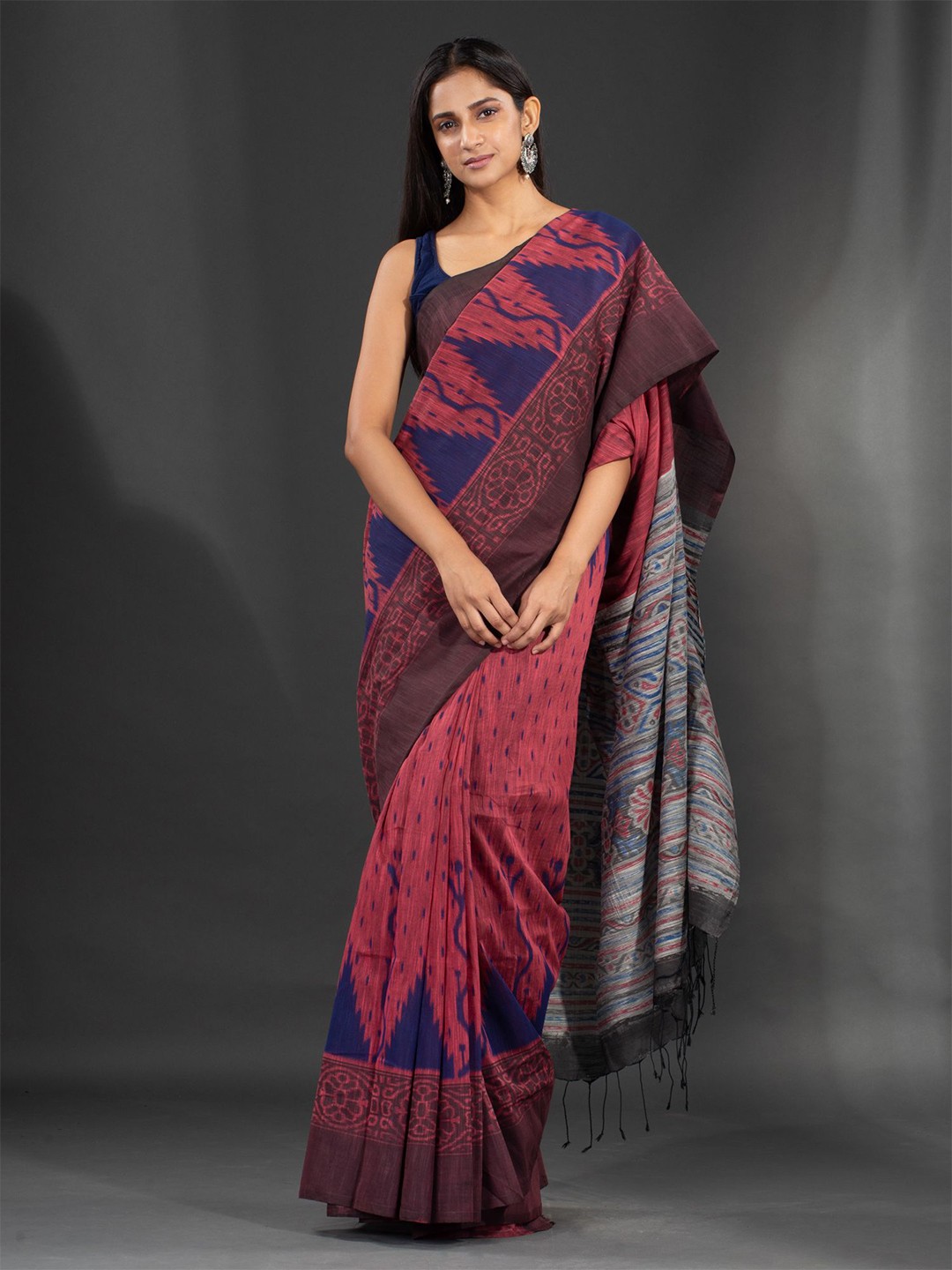 

Charukriti Red & Blue Pure Cotton Saree