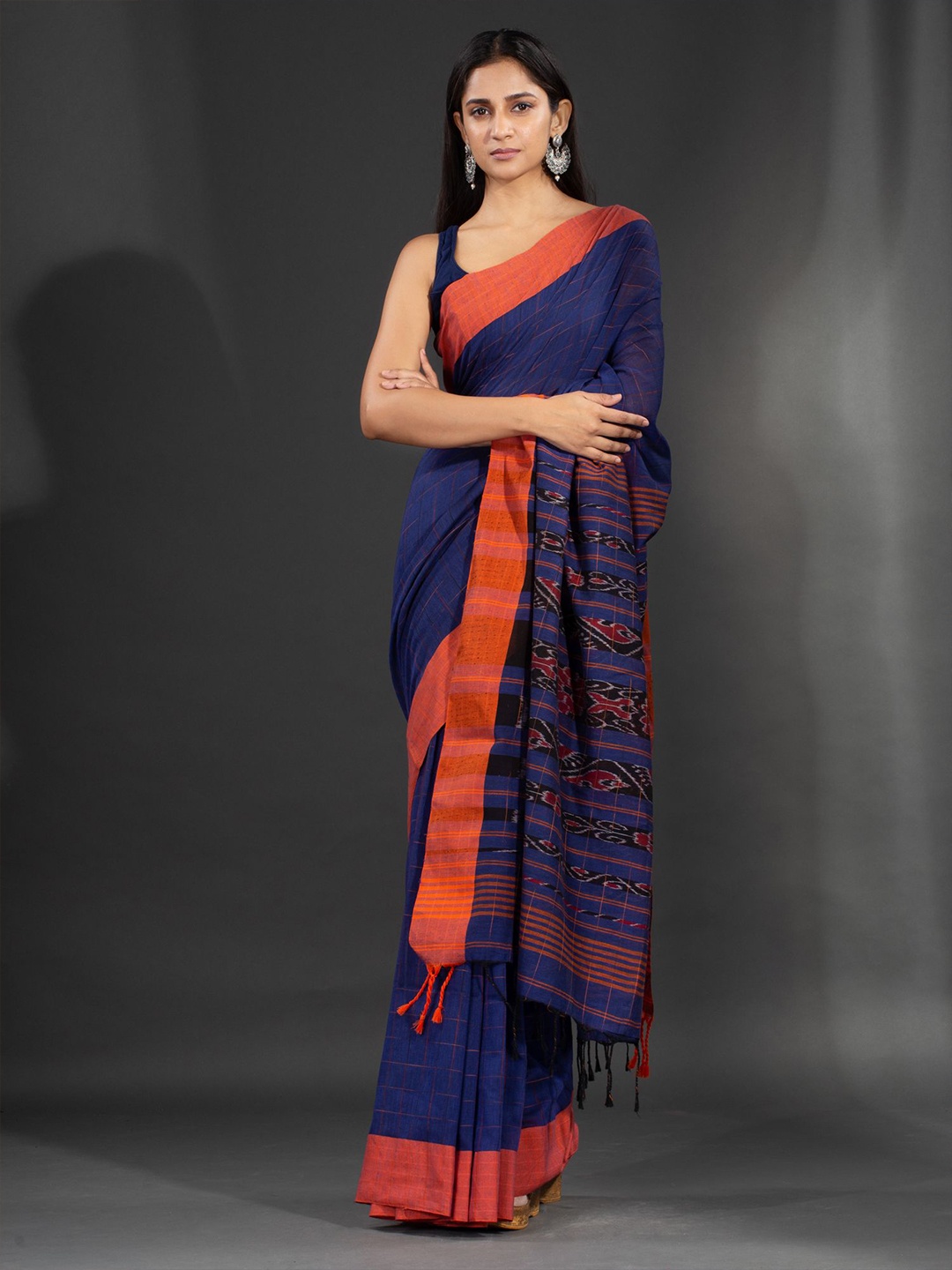 

Charukriti Blue & Orange Checked Pure Cotton Saree
