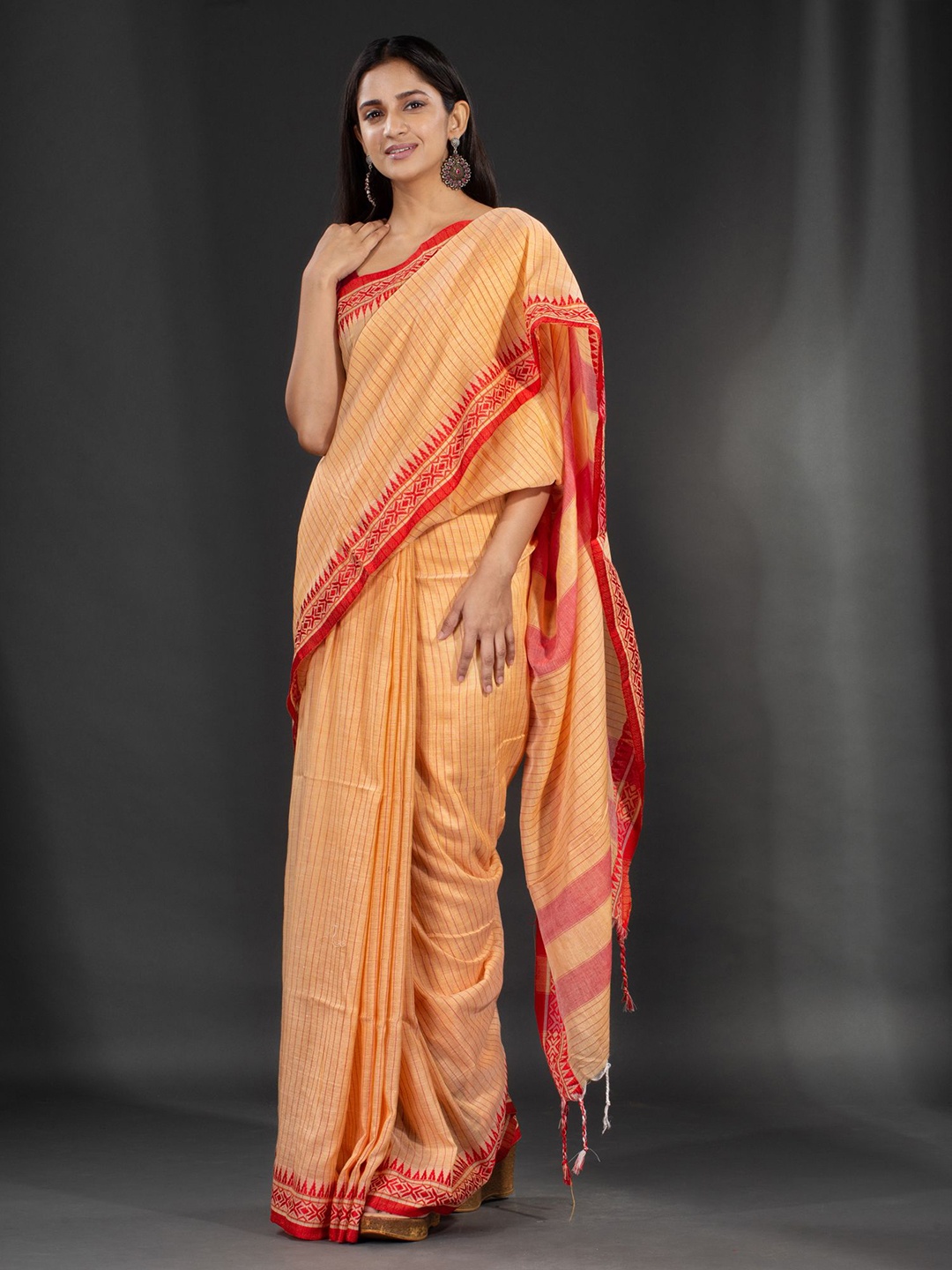 

Charukriti Yellow & Red Checked Pure Cotton Saree