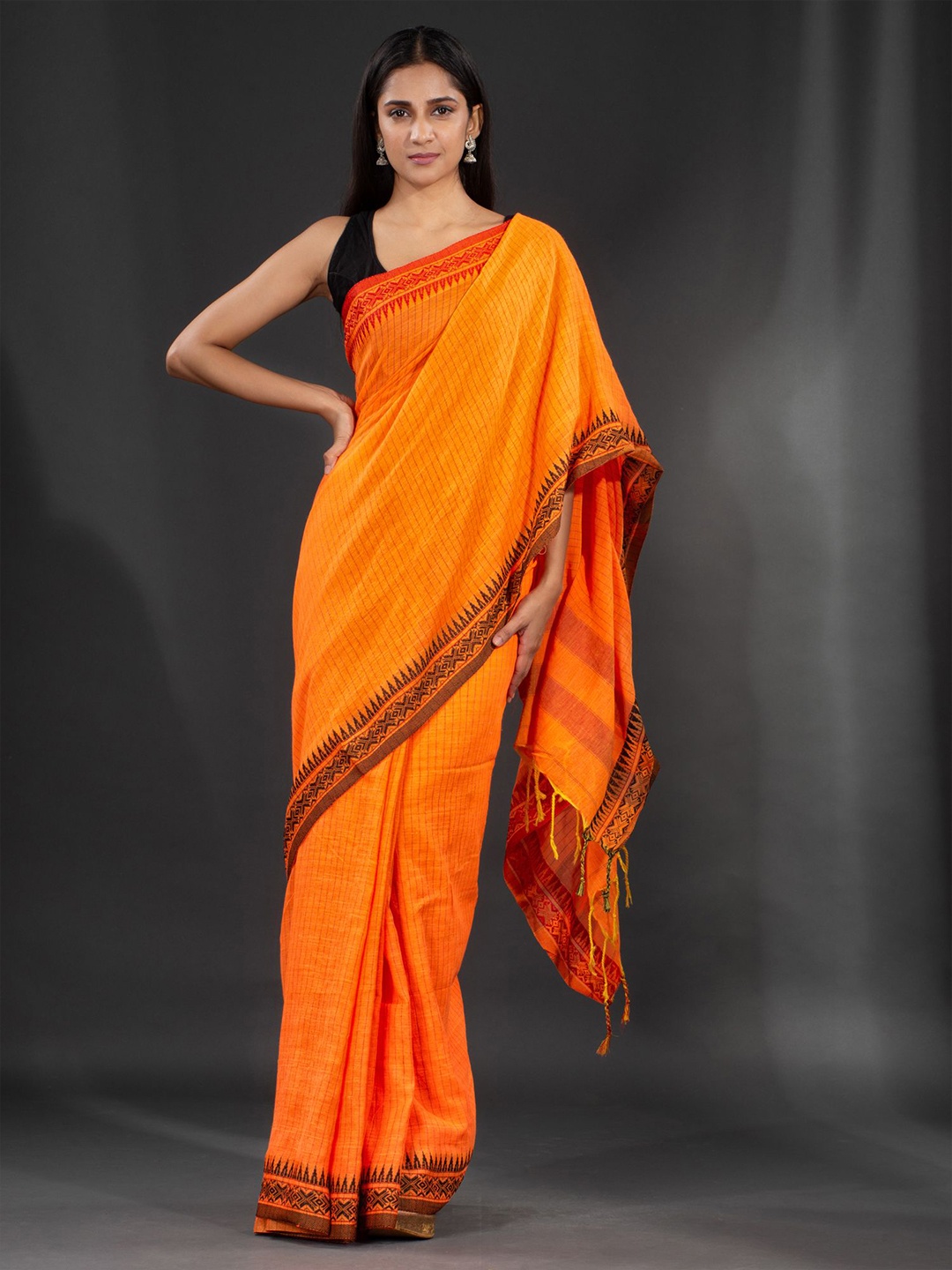 

Charukriti Orange Striped Pure Cotton Saree