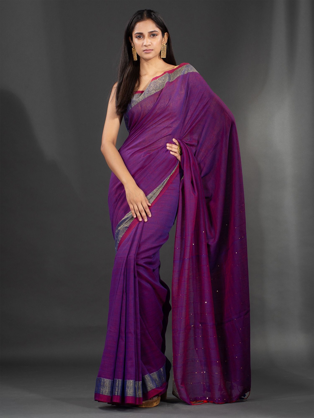 

Charukriti Purple & Gold-Toned Embellished Sequinned Zari Saree