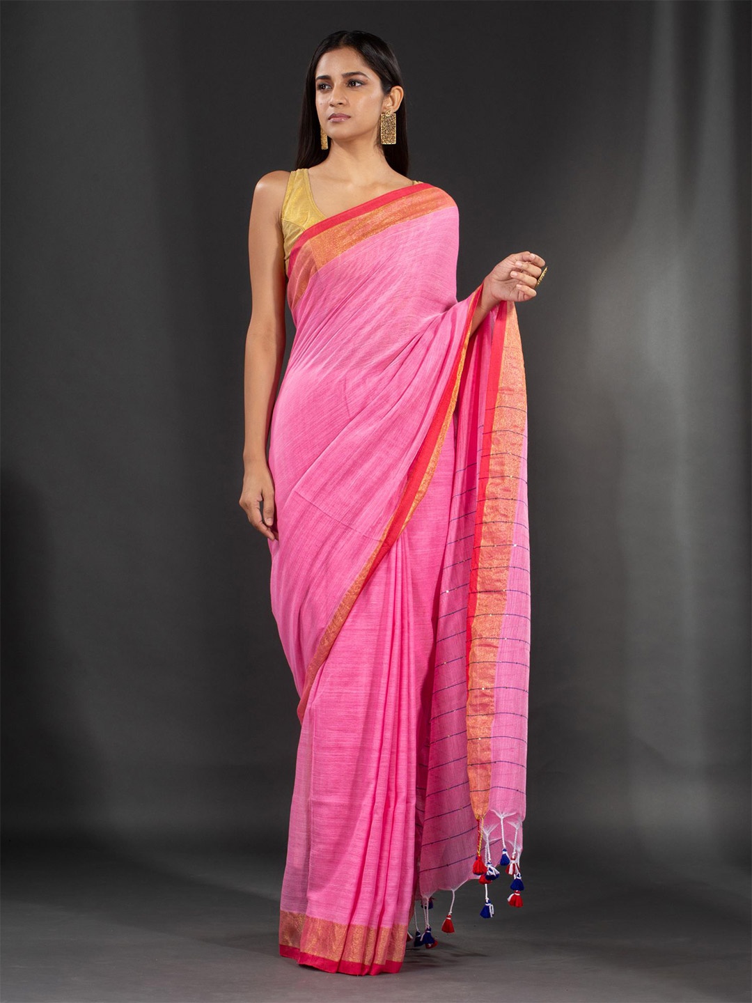 

Charukriti Pink & Gold-Toned Sequinned Saree