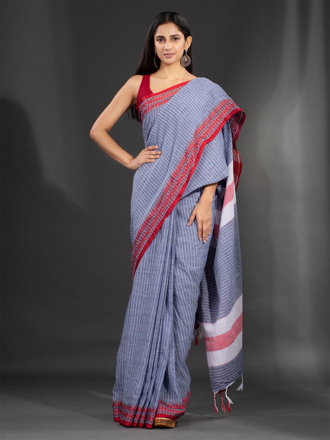 

Charukriti Grey & Red Striped Pure Cotton Saree