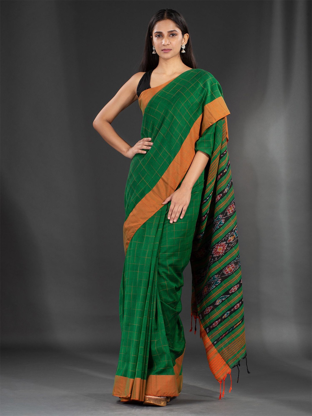 

Charukriti Green & Orange Checked Pure Cotton Saree