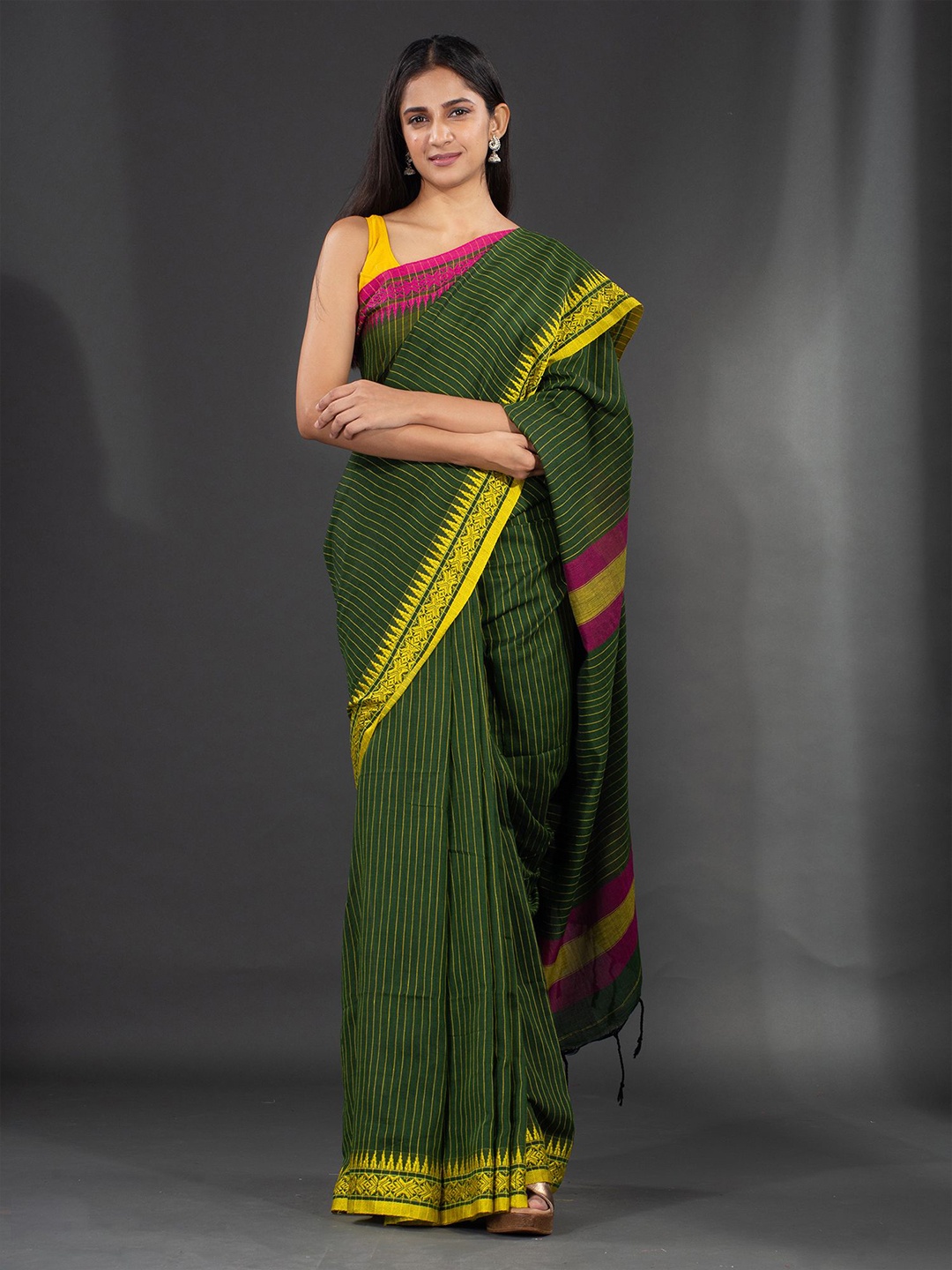 

Charukriti Green & Yellow Striped Pure Cotton Saree