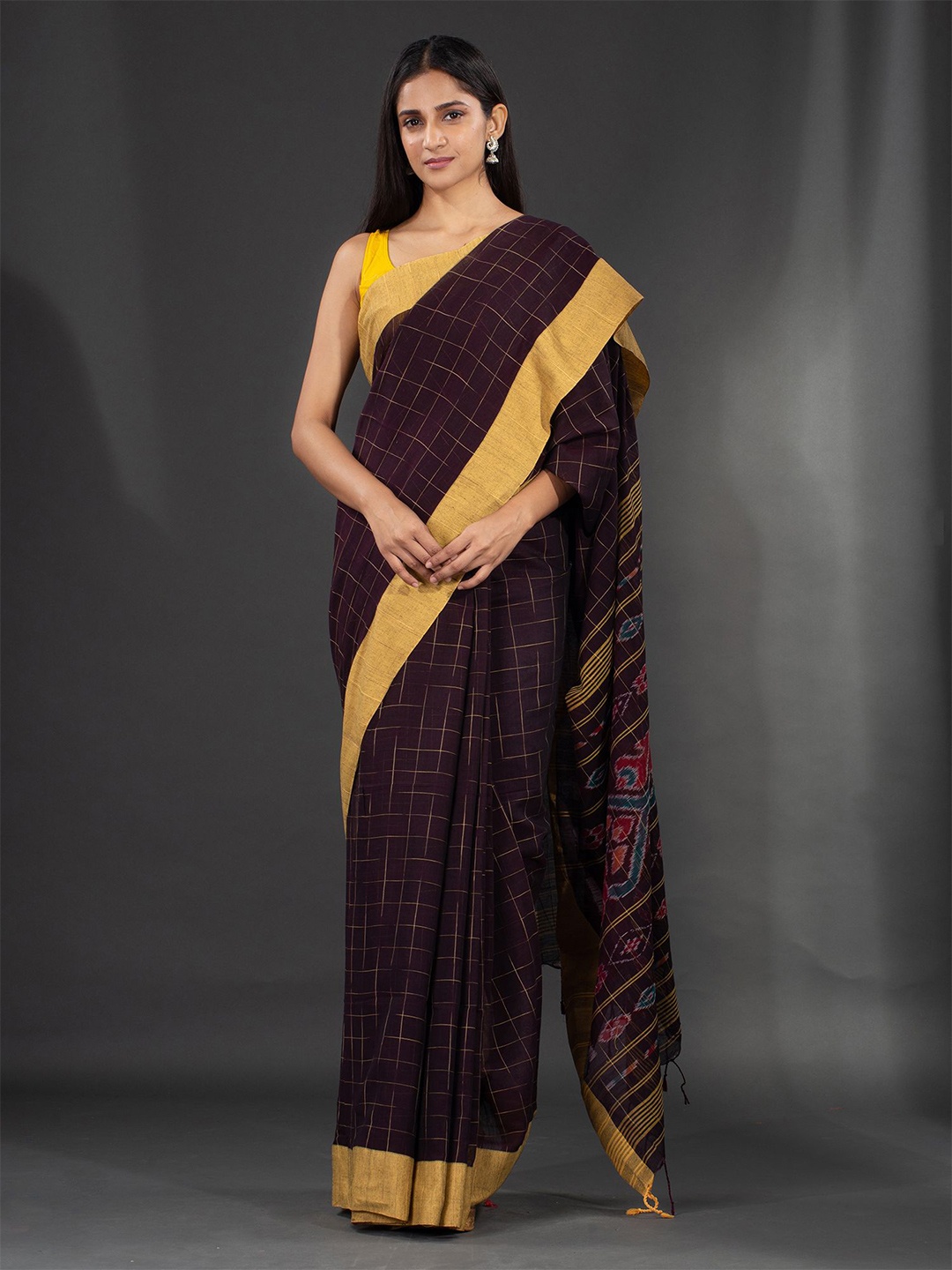

Charukriti Brown & Yellow Checked Pure Cotton Saree