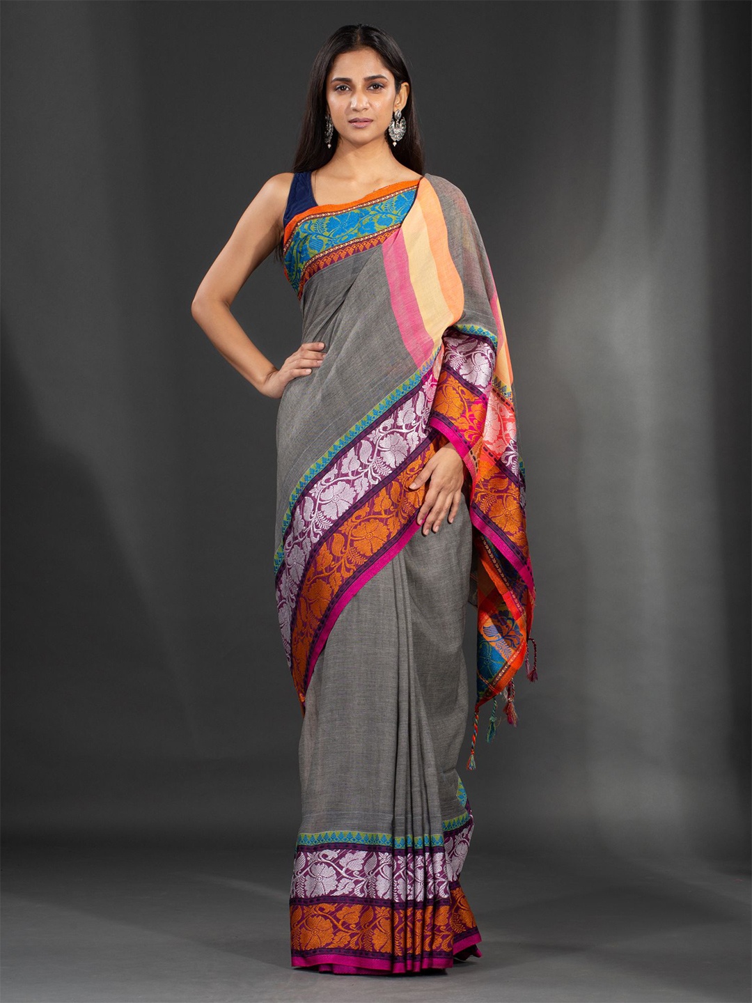 

Charukriti Grey & Orange Woven Design Zari Pure Cotton Saree