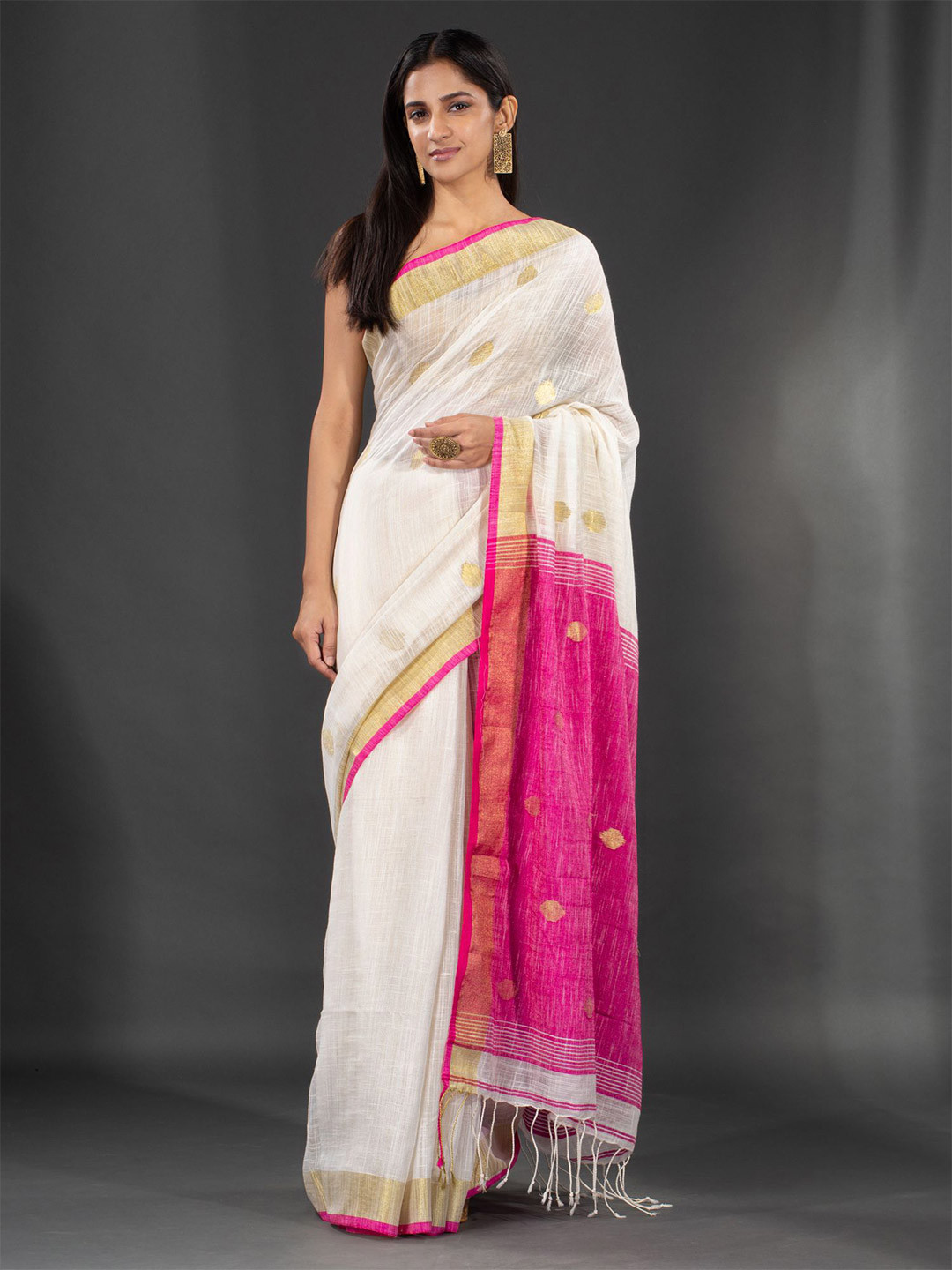 

Charukriti White & Magenta Woven Design Zari Pure Linen Saree
