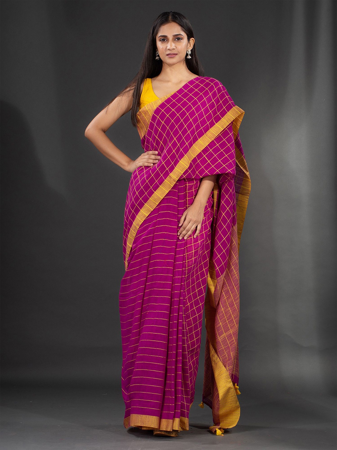 

Charukriti Magenta & Yellow Checked Pure Cotton Saree