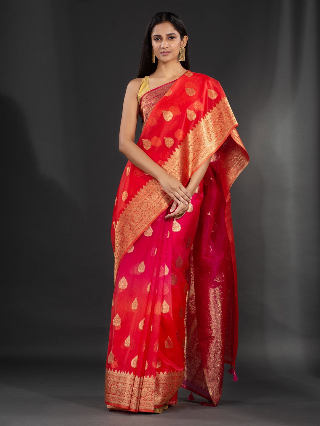 

Charukriti Fuchsia & Gold-Toned Ethnic Motifs Zari Organza Saree