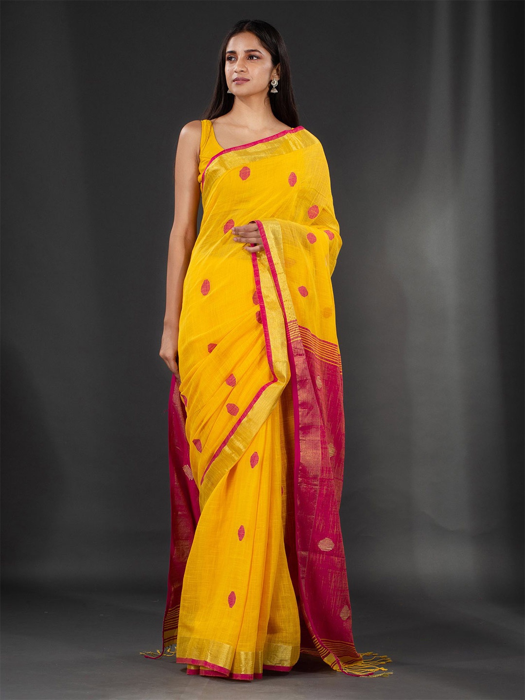 

Charukriti Yellow & Pink Woven Design Zari Pure Linen Saree
