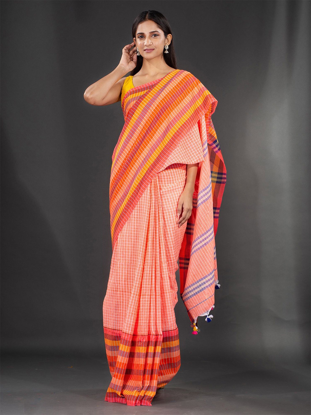 

Charukriti Orange & Blue Checked Pure Cotton Saree