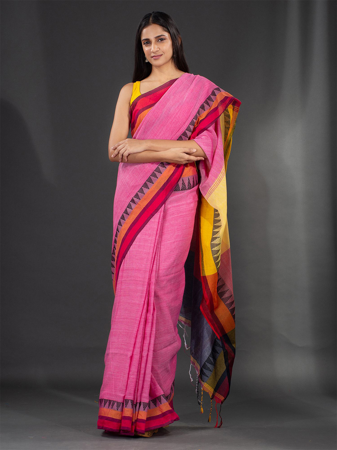 

Charukriti Pink & Yellow Pure Cotton Saree