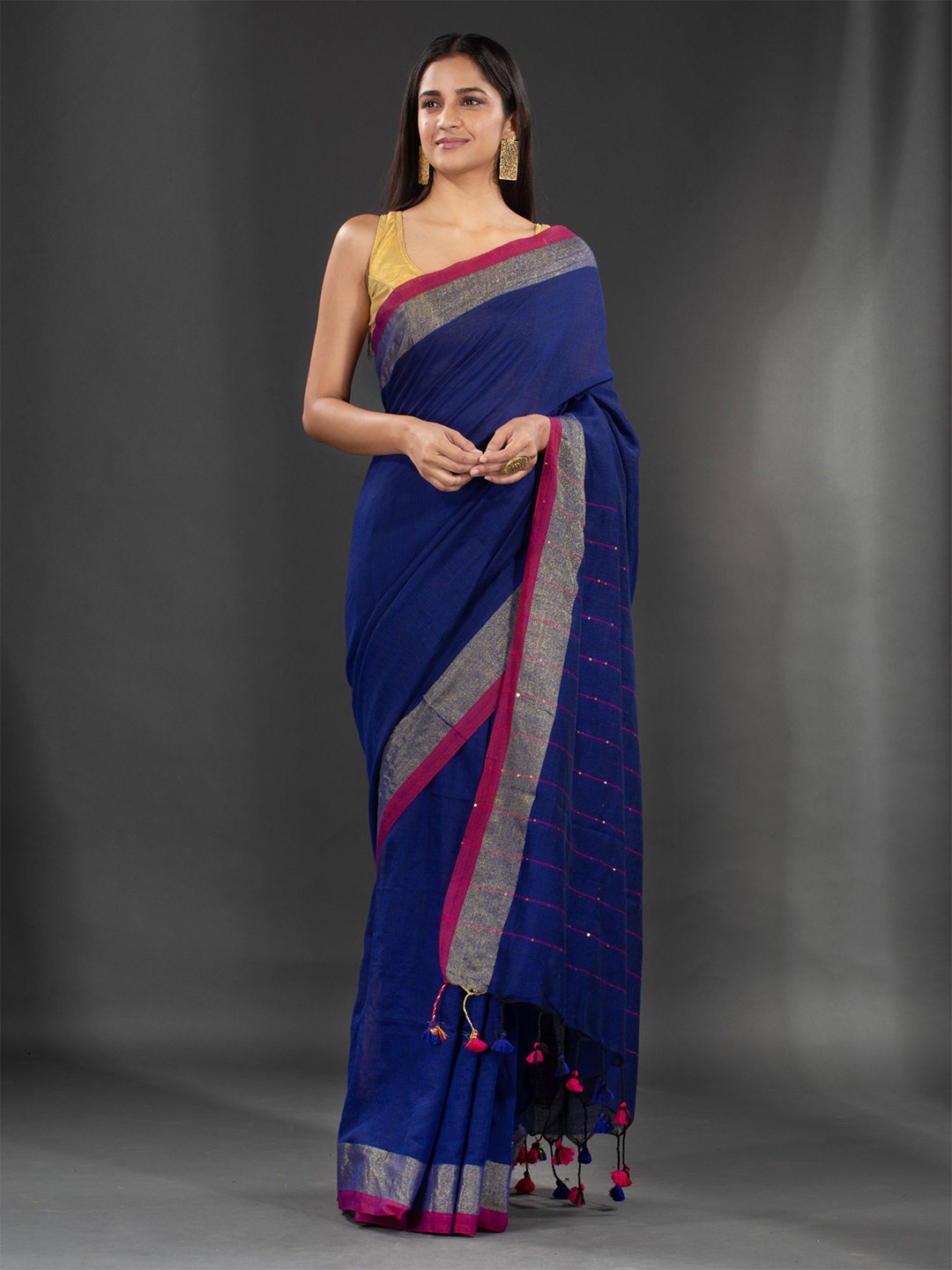 

Charukriti Blue & Pink Cotton Blend Zari Saree