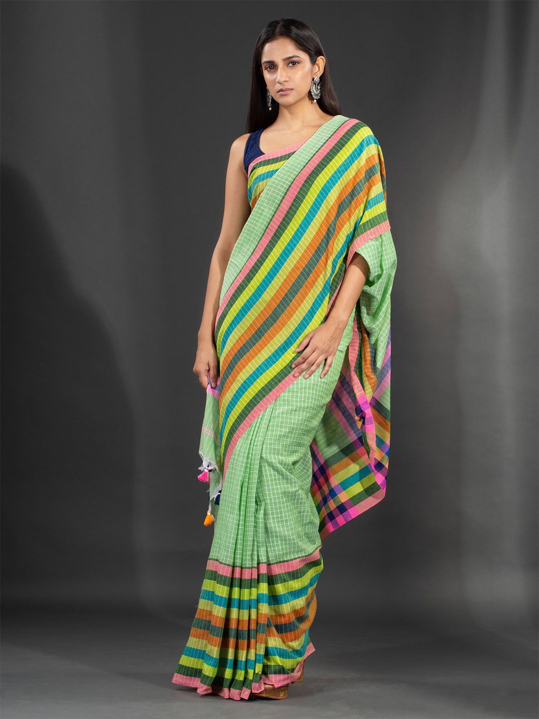 

Charukriti Green & Purple Checked Pure Cotton Saree