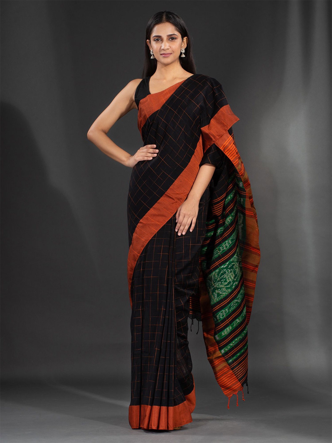 

Charukriti Black & Rust Brown Checked Pure Cotton Saree