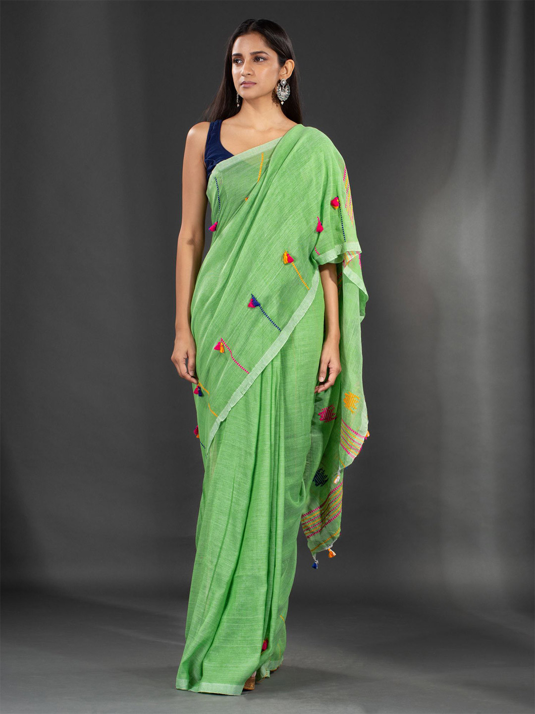 

Charukriti Green & Pink Embroidered Pure Cotton Saree