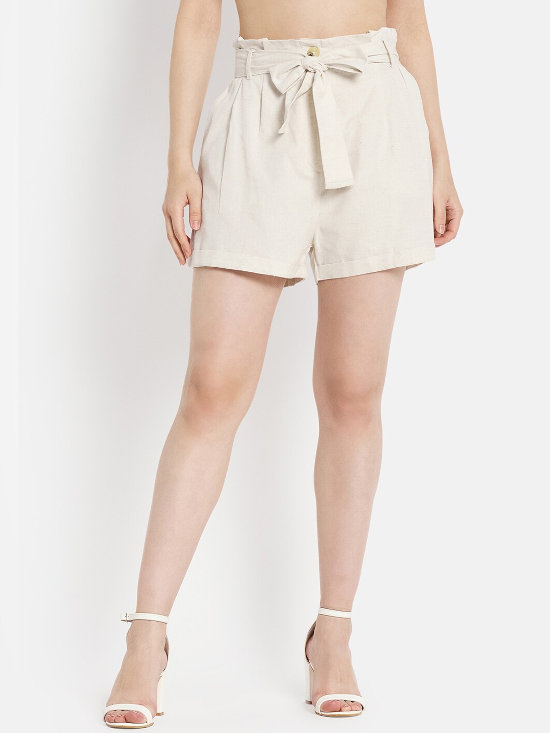 

METTLE Women Cream-Coloured Solid Cotton Shorts