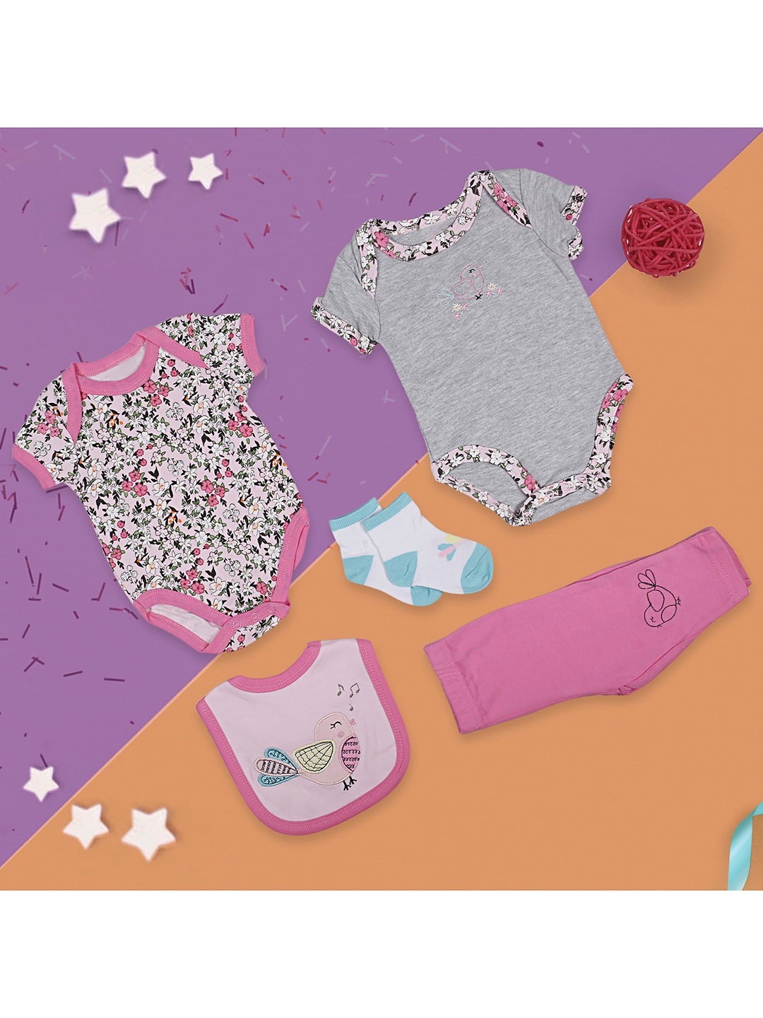 

Baby Moo Infant Girls Set of 5 Printed Baby Apparel Gift Set, Pink