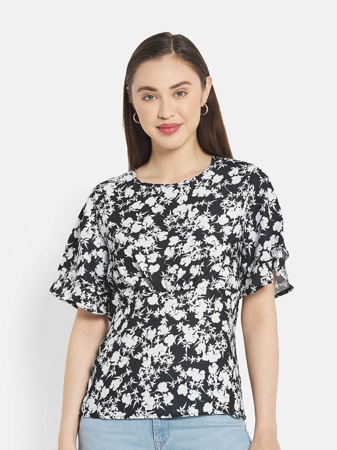 

METTLE Women Black & White Floral Printed Top