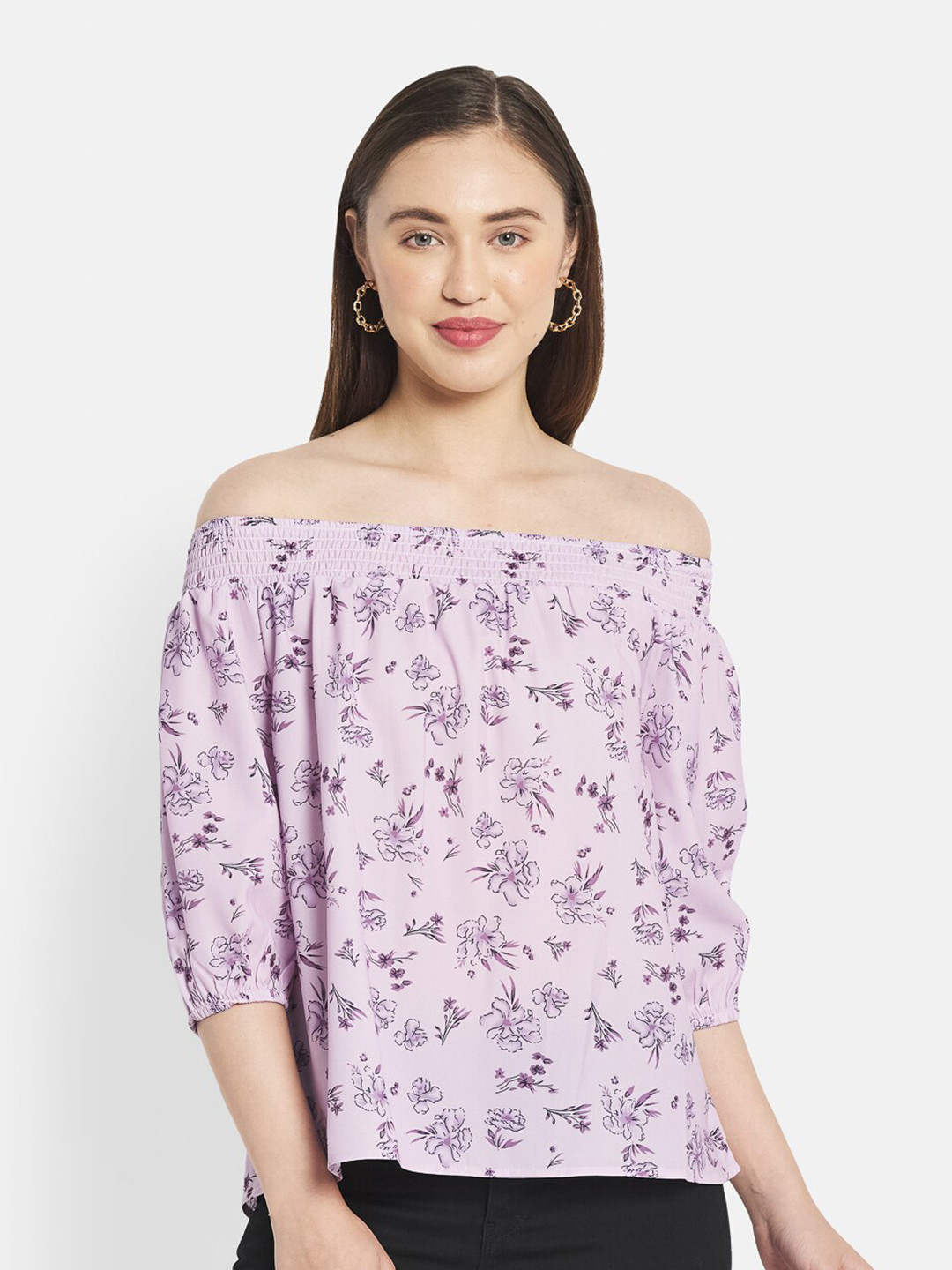 

METTLE Women Purple Floral Print Off-Shoulder Bardot Top