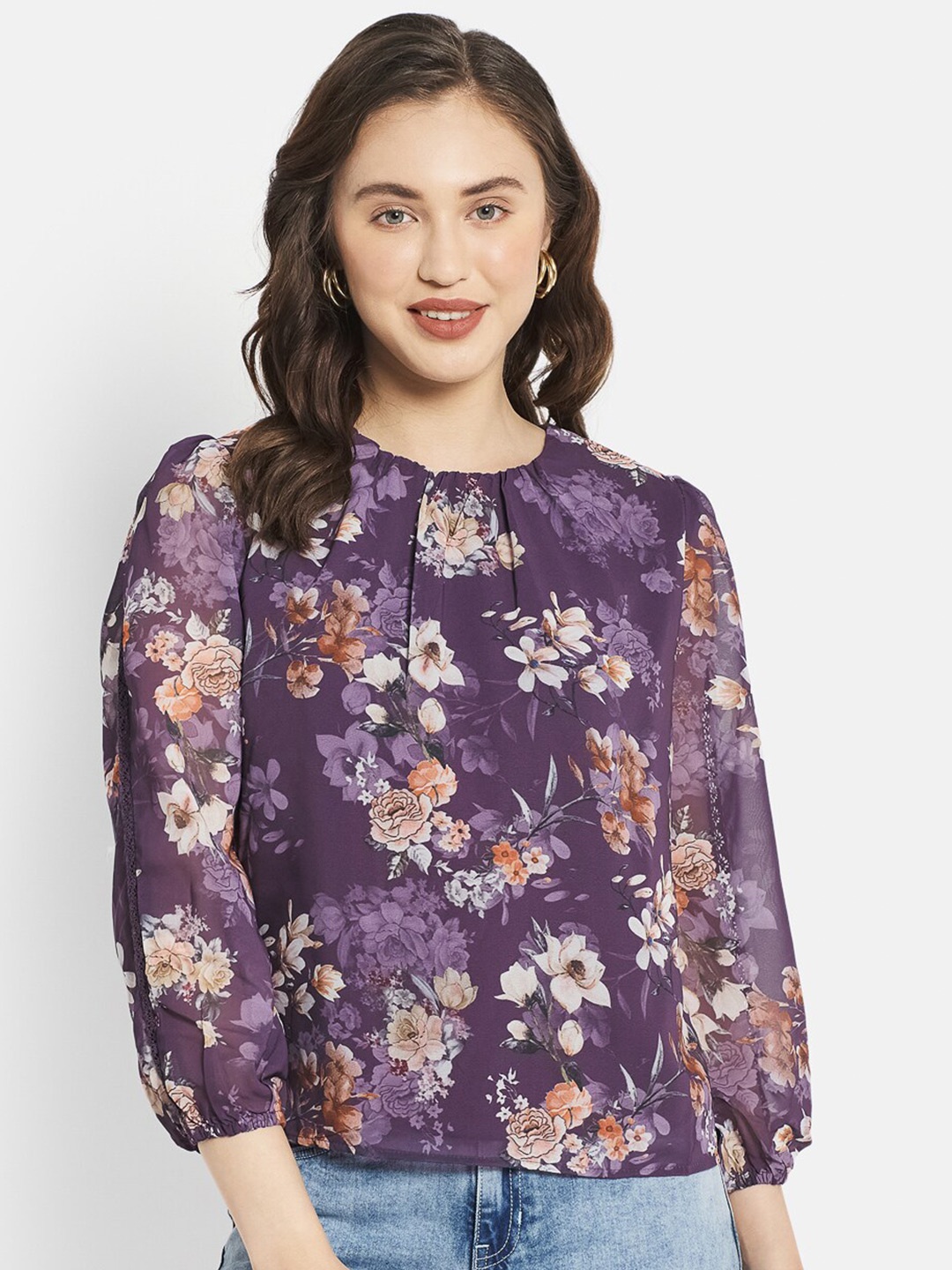 

METTLE Purple Floral Print Puff Sleeve Top