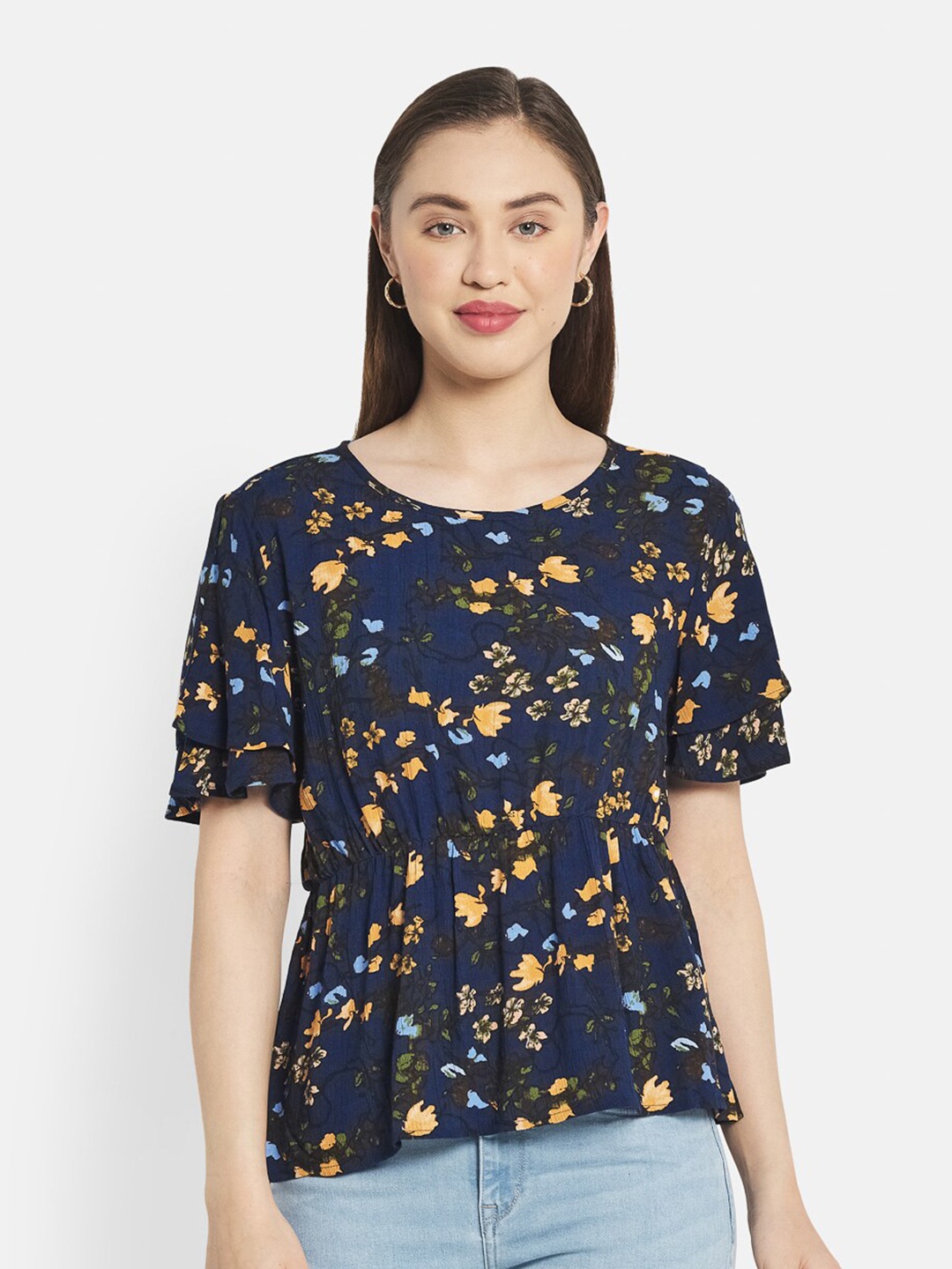 

METTLE Navy Blue Floral Print Flutter Sleeves Top