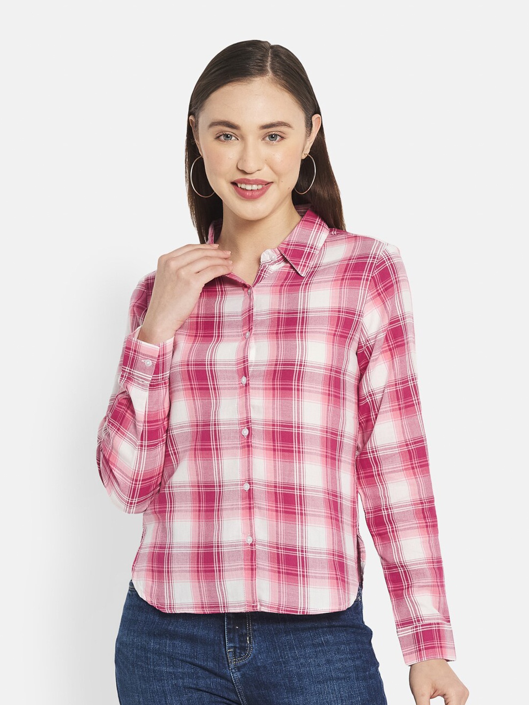 

METTLE Women Pink Checked Cotton Blend Shirt Style Top