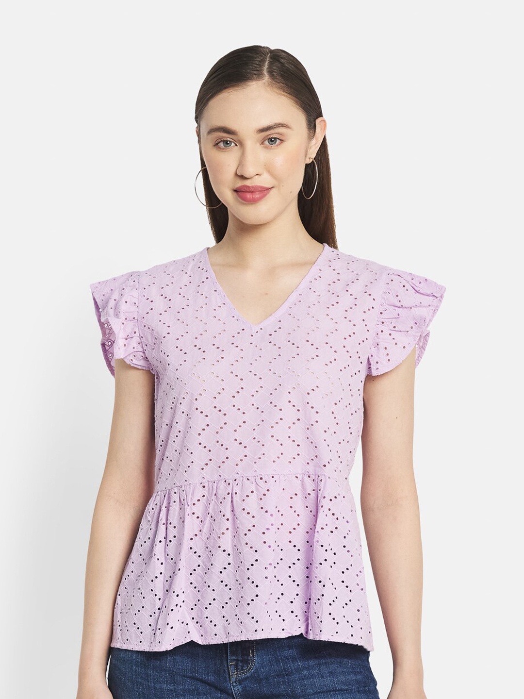 

METTLE Lavender Schiffli Flutter Sleeves Peplum Top
