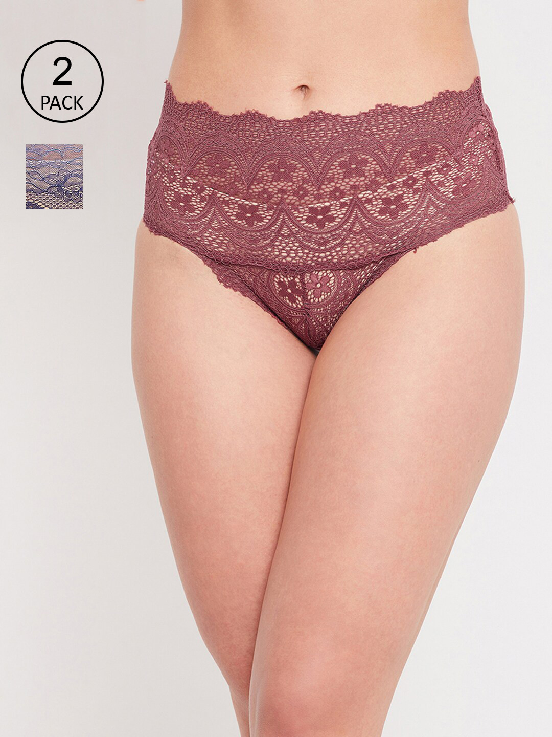 

Clovia Women Mauve and Blue Pack Of 2 Self-Design Lace Hipster Briefs