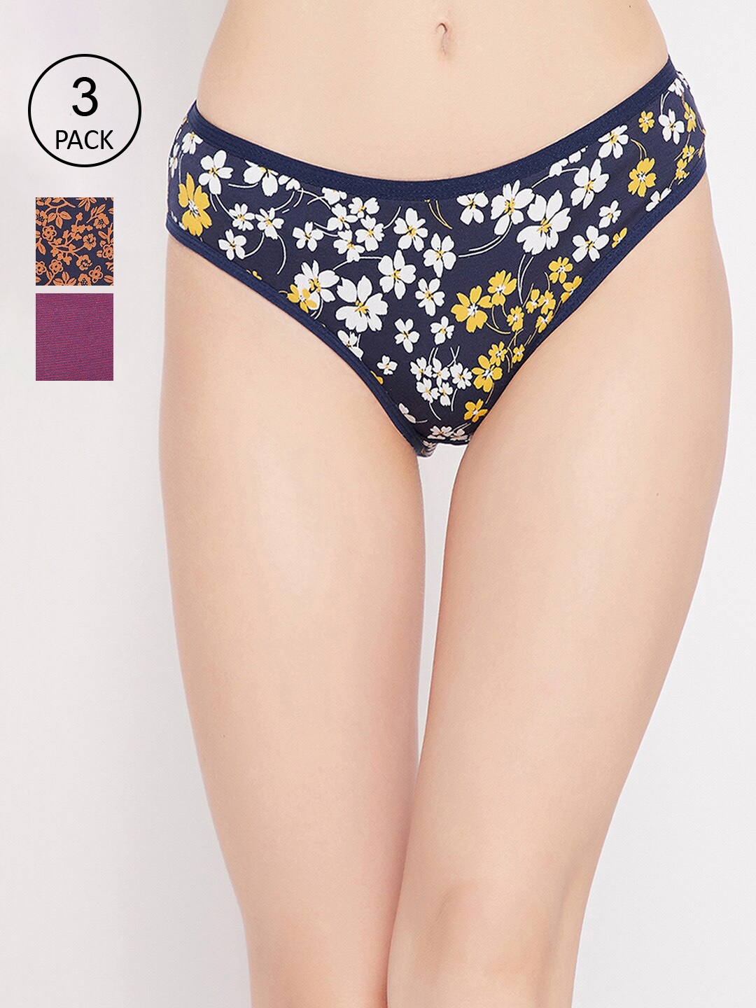 

Clovia Women Pack Of 3 Printed Cotton Mid-Rise Bikini Briefs, Navy blue