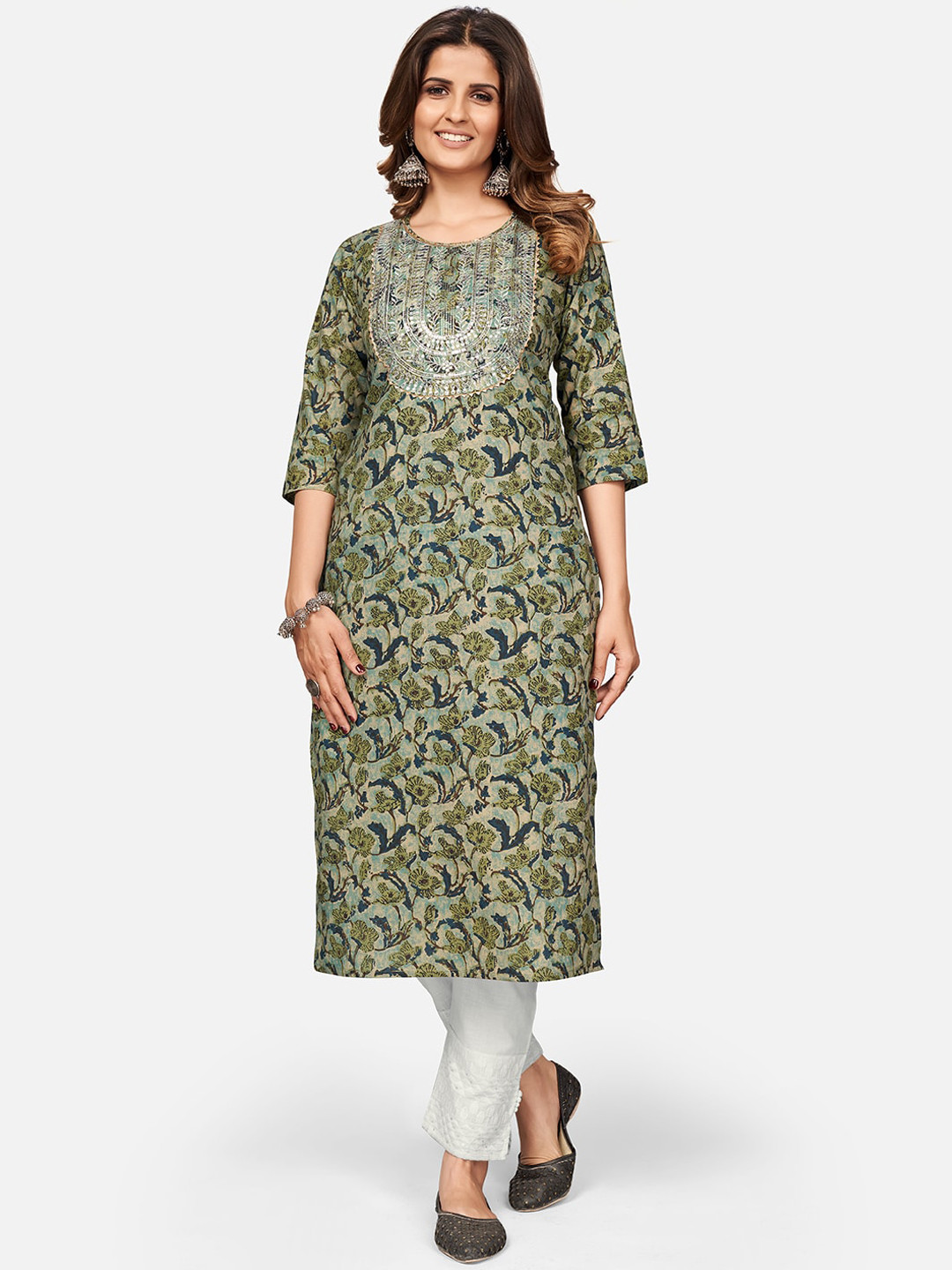 

Vbuyz Women Green & Blue Ethnic Motifs Yoke Design Cotton Kurta
