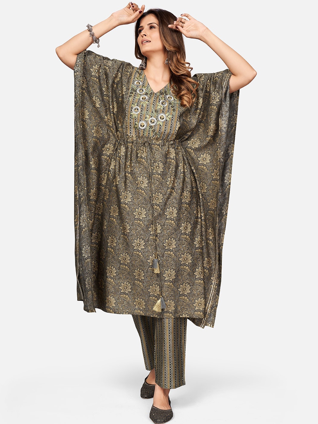 

Vbuyz Women Grey Ethnic Motifs Printed Angrakha Chanderi Silk Kurta with Trousers & With Dupatta