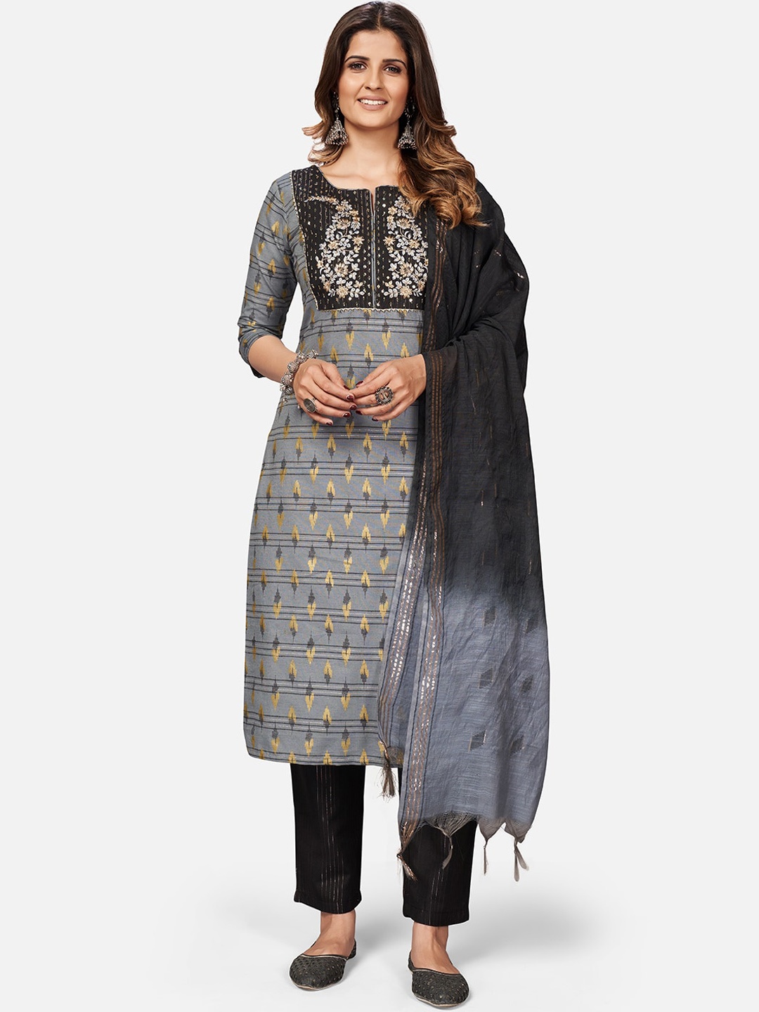 

Vbuyz Women Grey Ethnic Motifs Printed Cotton Blend Kurta with Trousers & With Dupatta