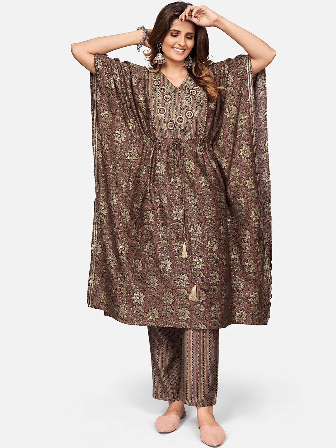 

Vbuyz Women Brown Ethnic Motifs Printed Layered Thread Work Chanderi Silk Kurta with Trousers