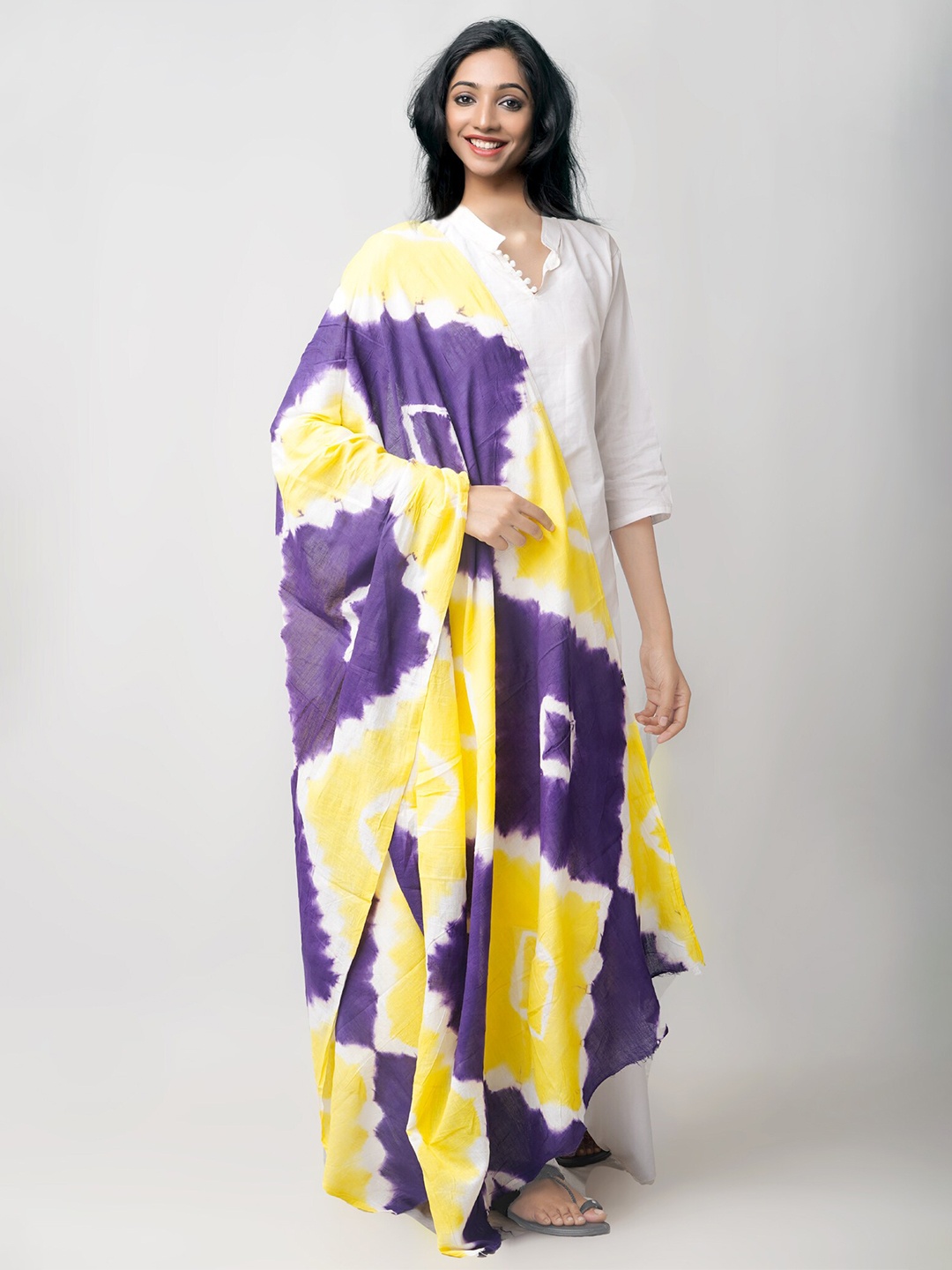

Unnati Silks Purple & Yellow Shibori Pure Cotton Tie and Dye Sustainable Dupatta